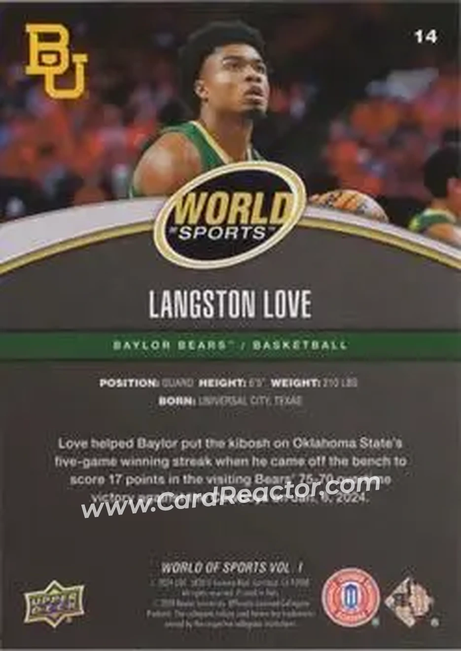 2025 Upper Deck World of Sports Volume 1 #14 - Langston Love - Baylor Bears - Back
