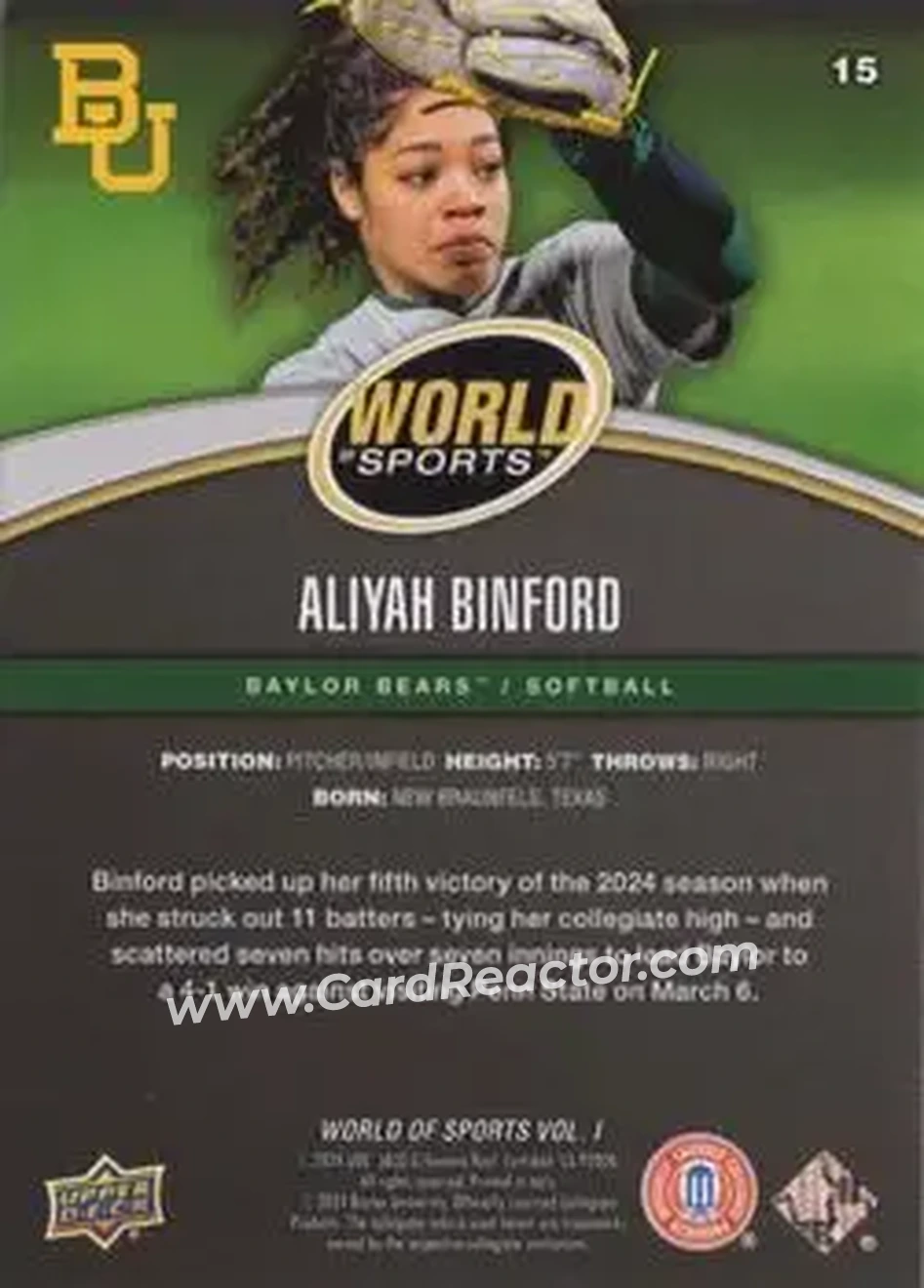 2025 Upper Deck World of Sports Volume 1 #15 - Aliyah Binford - Baylor Bears - Back