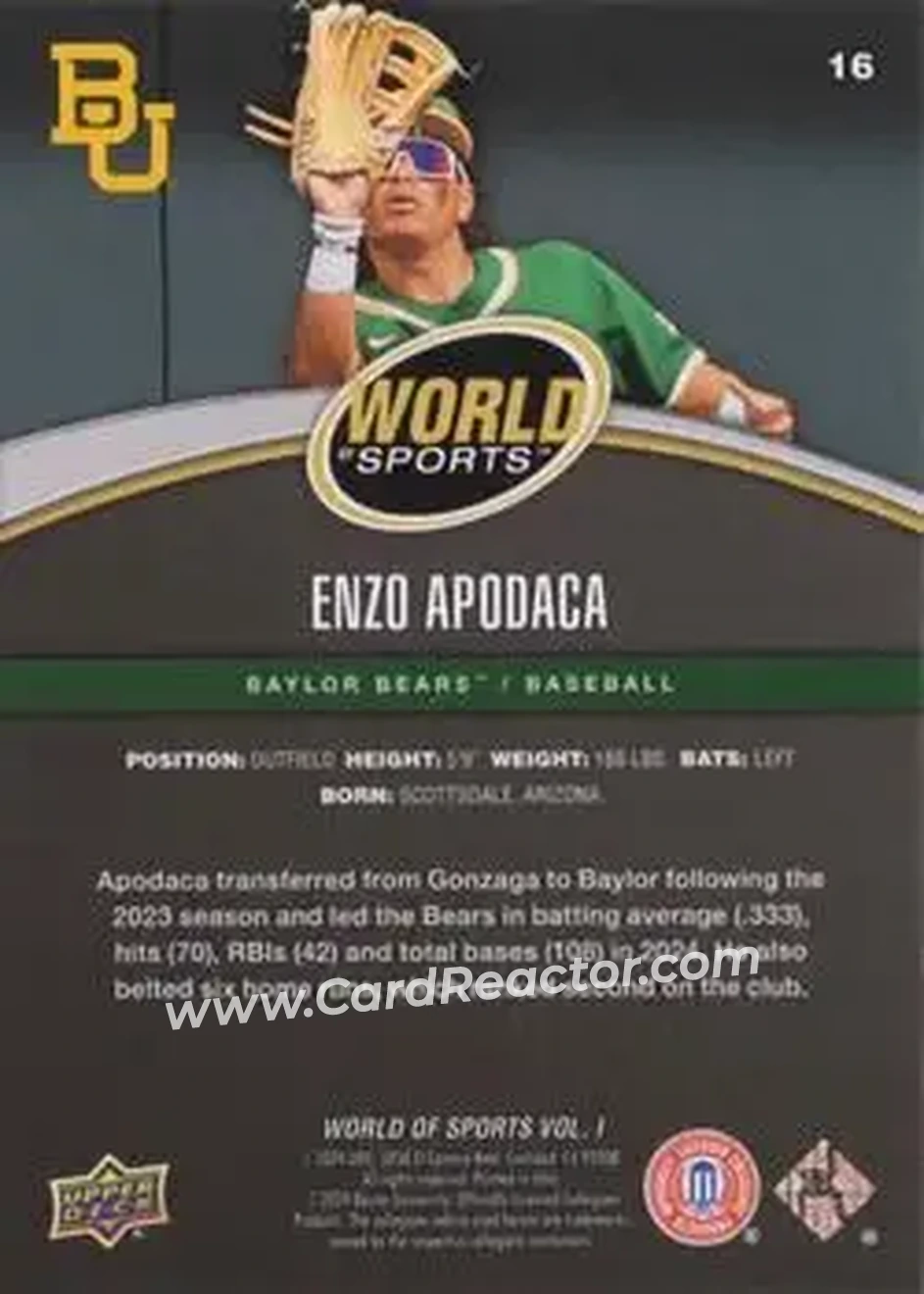 2025 Upper Deck World of Sports Volume 1 #16 - Enzo Apodaca - Baylor Bears - Back