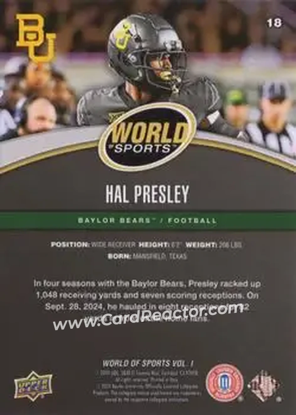 2025 Upper Deck World of Sports Volume 1 #18 - Hal Presley - Baylor Bears - Back