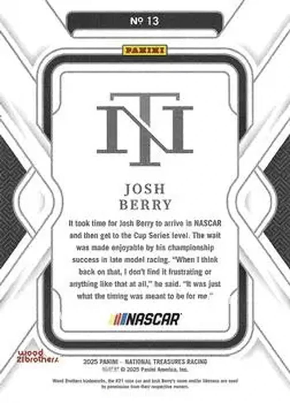 2025 Panini National Treasures #13 - Josh Berry - Wood Brothers Racing - Back