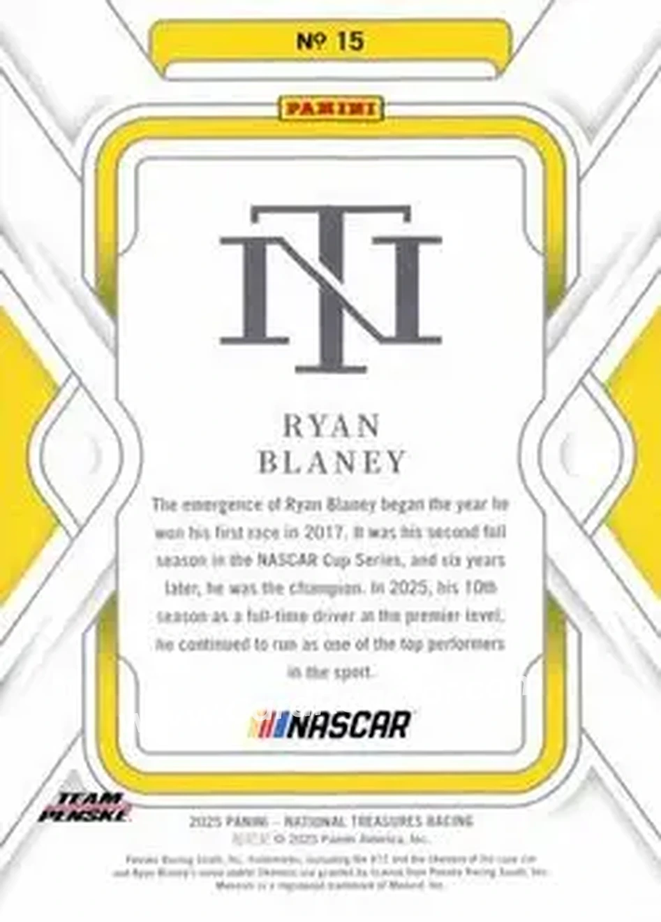 2025 Panini National Treasures #15 - Ryan Blaney - Team Penske - Back