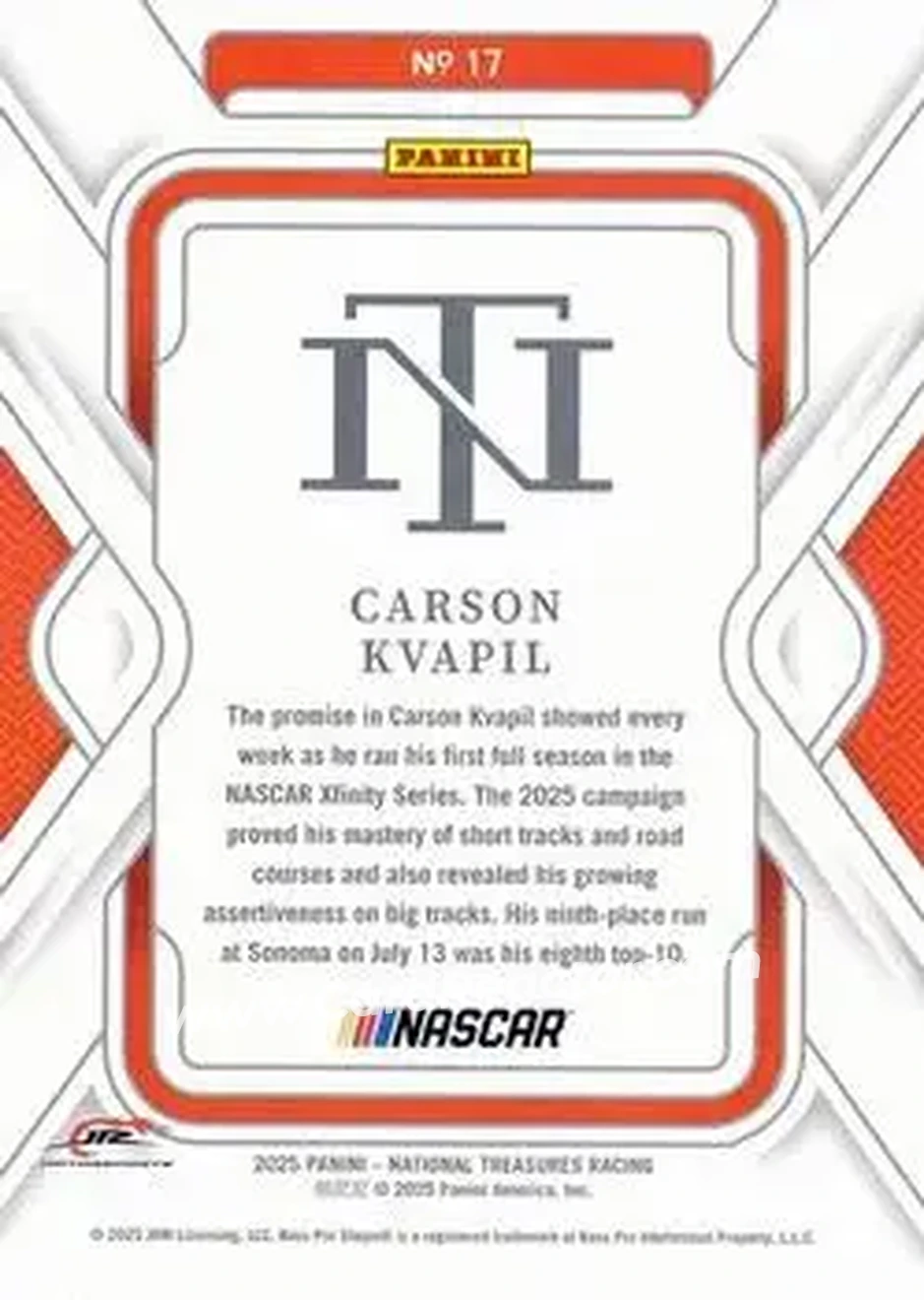 2025 Panini National Treasures #17 - Carson Kvapil - JR Motorsports - Back