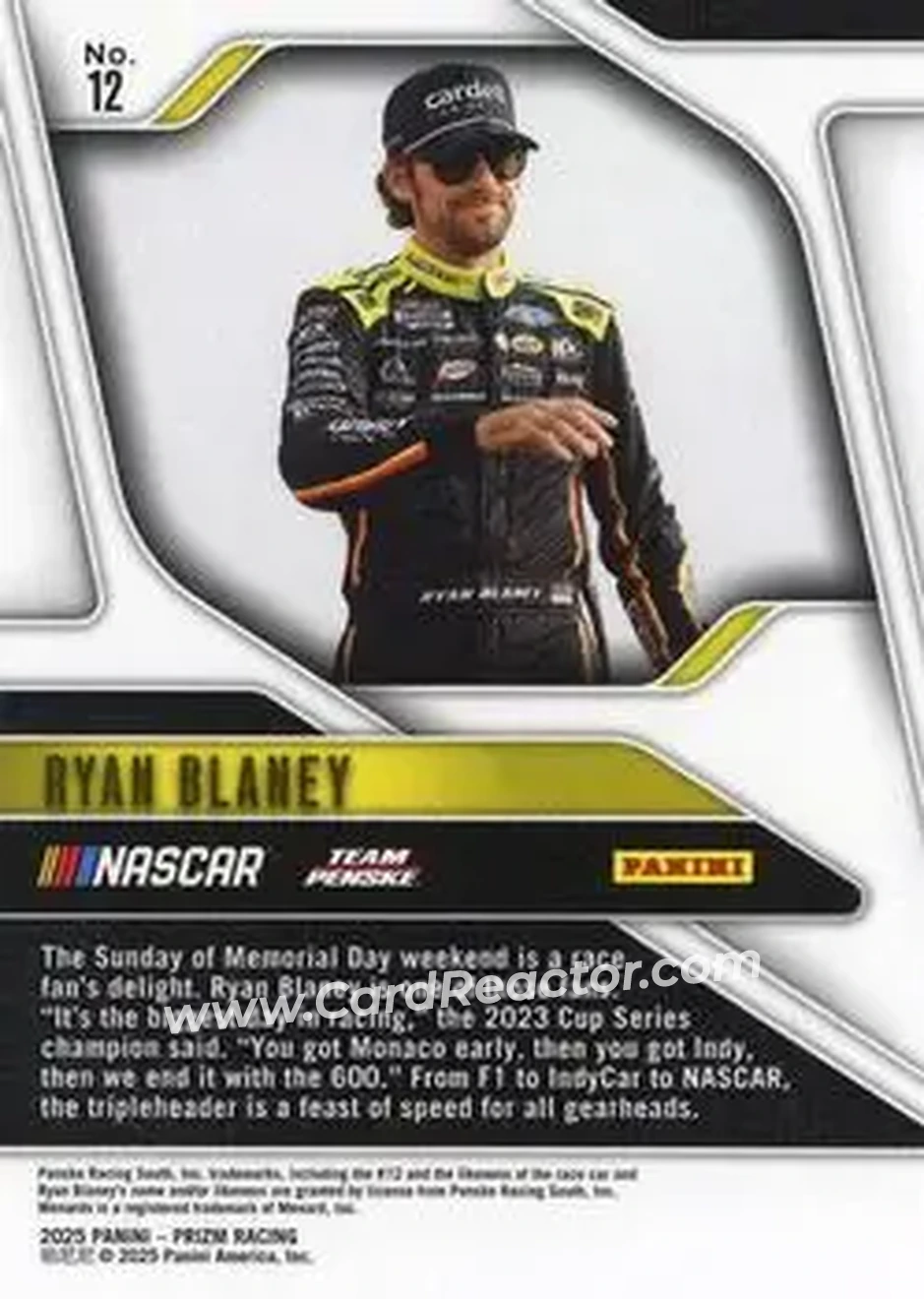 2025 Panini Prizm #12 - Ryan Blaney - Team Penske - Back