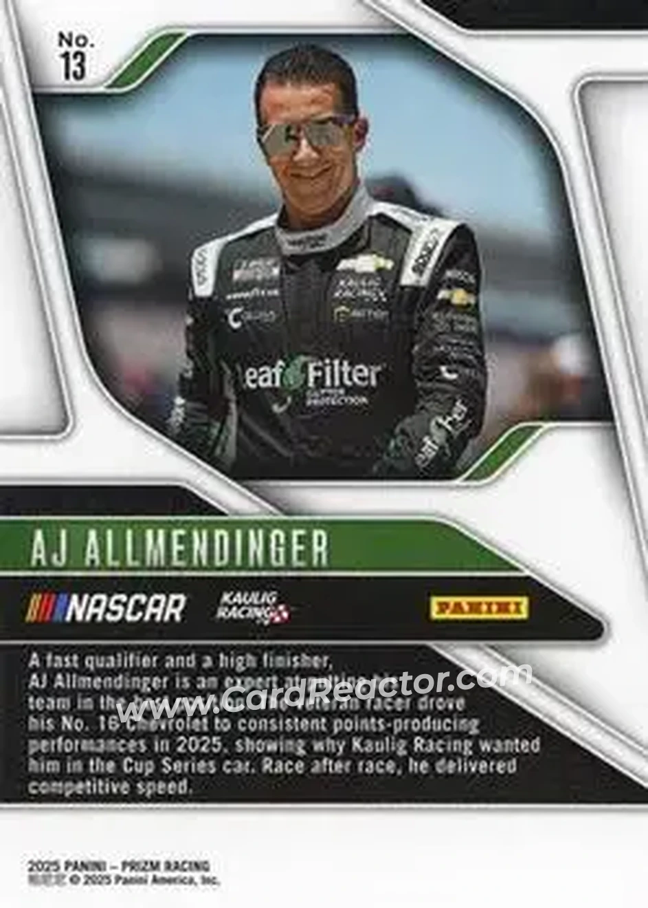 2025 Panini Prizm #13 - AJ Allmendinger - Kaulig Racing - Back