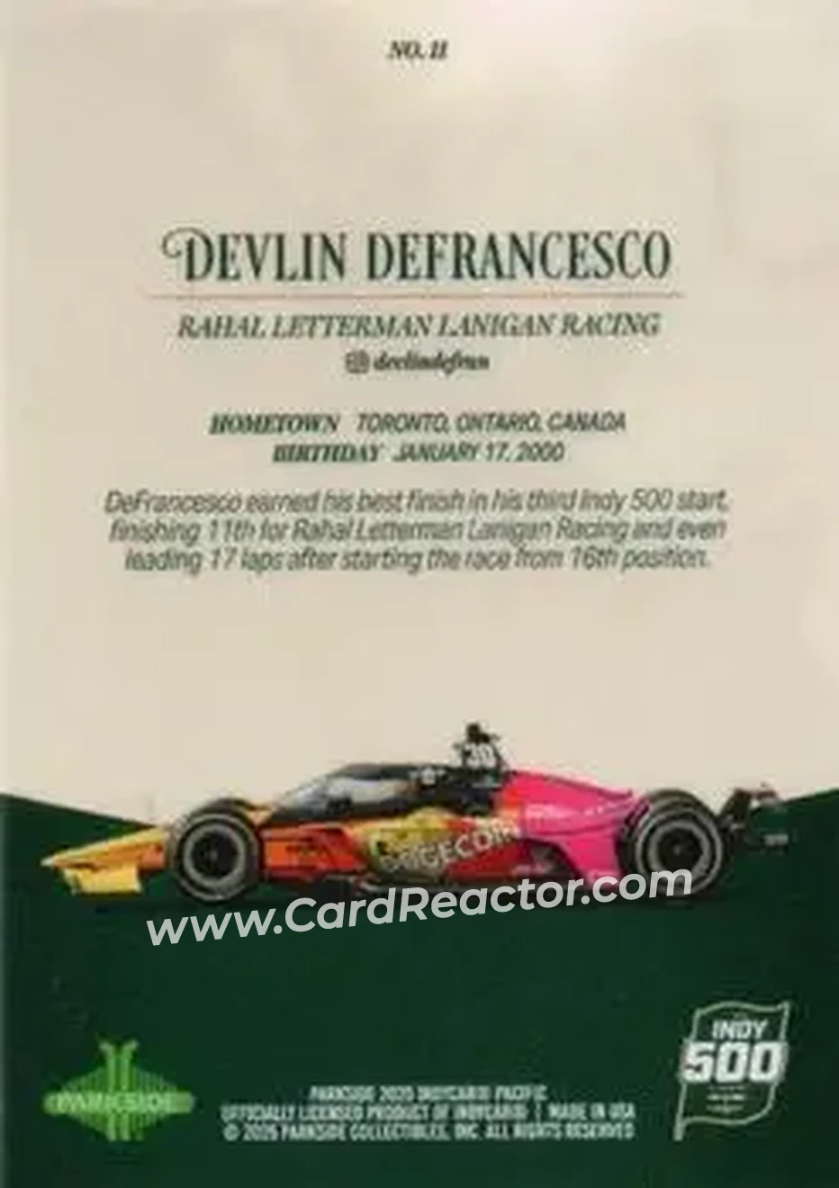 2025 Parkside Indy 500 Pacific #11 - Devlin DeFrancesco - Rahal Letterman Lanigan Racing - Back 2025 Parkside Indy 500 Pacific #11 - Devlin DeFrancesco - Rahal Letterman Lanigan Racing - Back