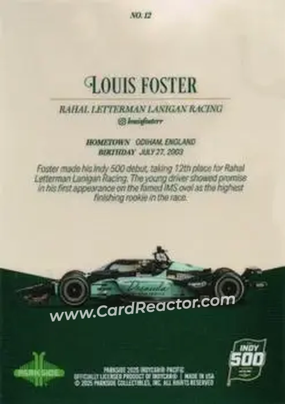 2025 Parkside Indy 500 Pacific #12 - Louis Foster - Rahal Letterman Lanigan Racing - Back
