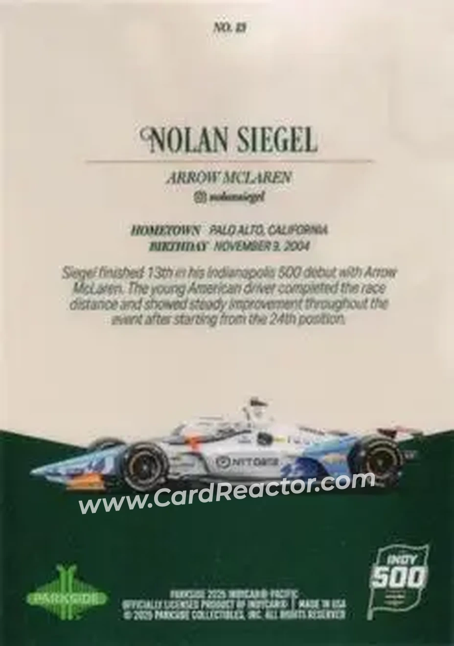 2025 Parkside Indy 500 Pacific #13 - Nolan Siegel - Arrow McLaren - Back