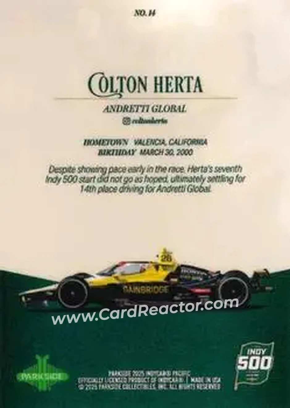 2025 Parkside Indy 500 Pacific #14 - Colton Herta - Andretti Global - Back