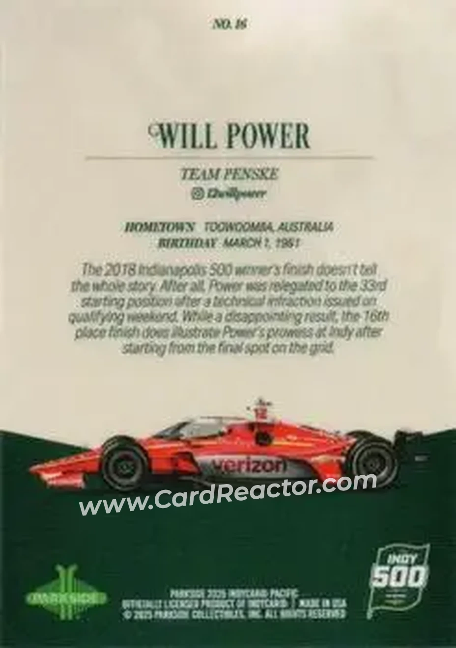 2025 Parkside Indy 500 Pacific #16 - Will Power - Team Penske - Back