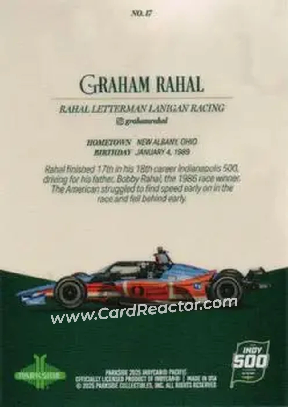 2025 Parkside Indy 500 Pacific #17 - Graham Rahal - Rahal Letterman Lanigan Racing - Back