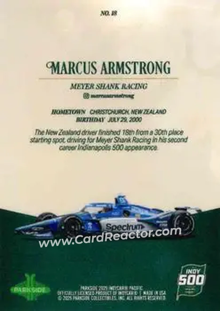 2025 Parkside Indy 500 Pacific #18 - Marcus Armstrong - Meyer Shank Racing - Back