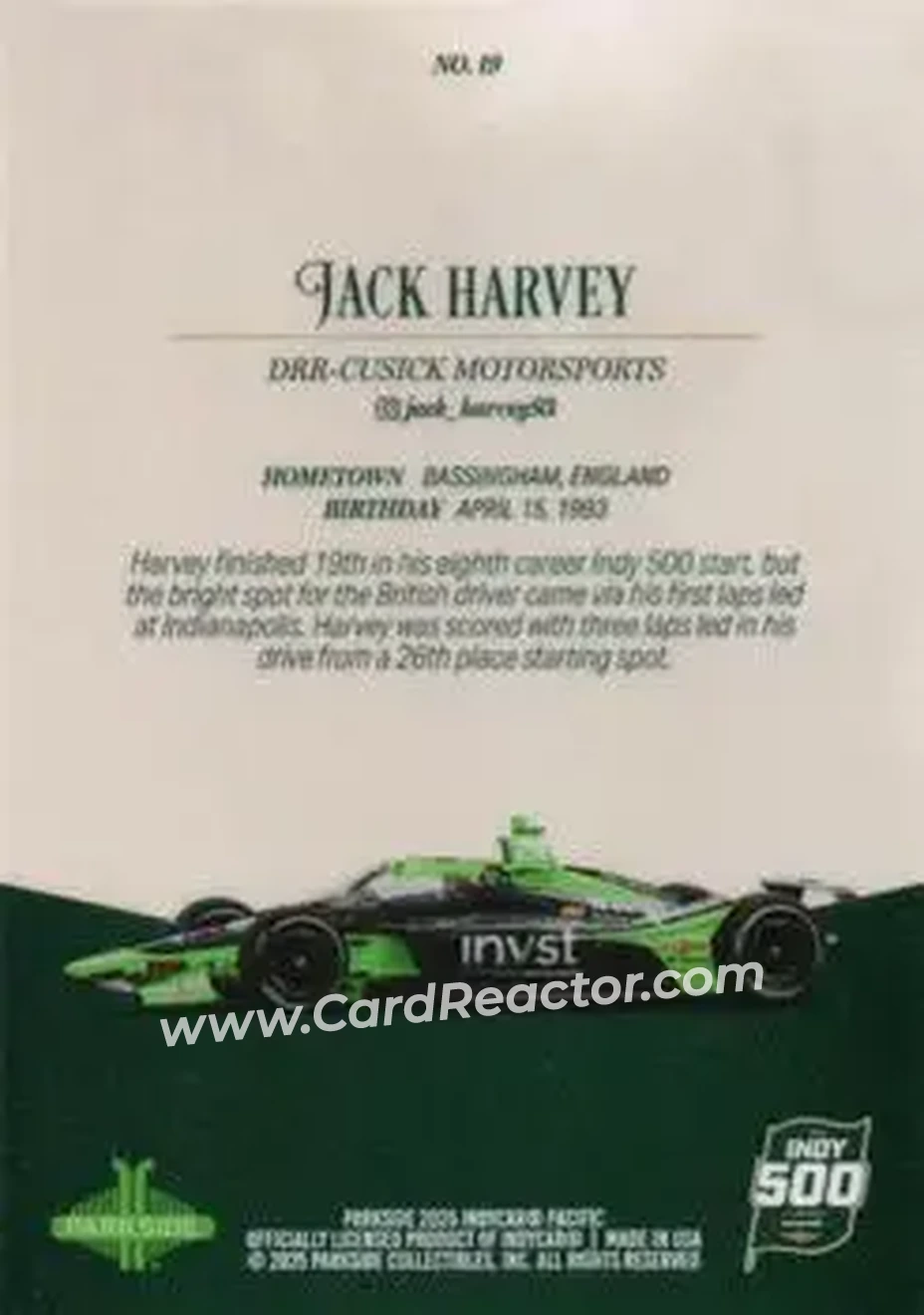 2025 Parkside Indy 500 Pacific #19 - Jack Harvey - Back