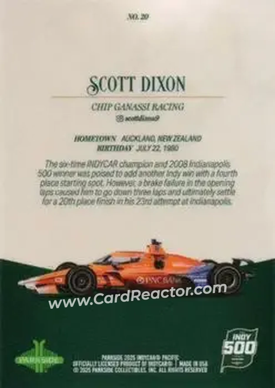 2025 Parkside Indy 500 Pacific #20 - Scott Dixon - Chip Ganassi Racing - Back