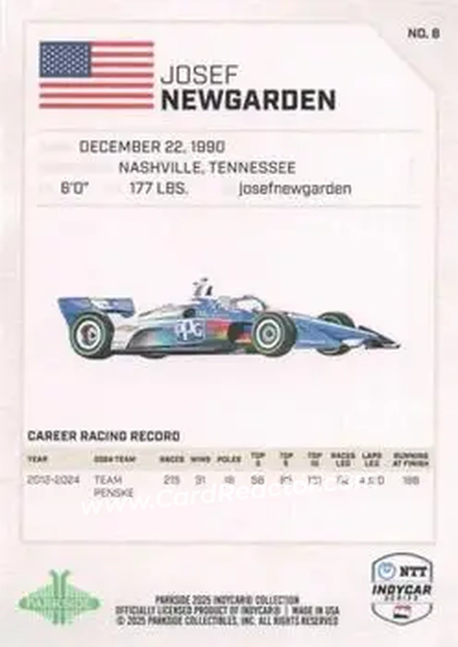 2025 Parkside IndyCar Collection #8a - Josef Newgarden - Team Penske - Back