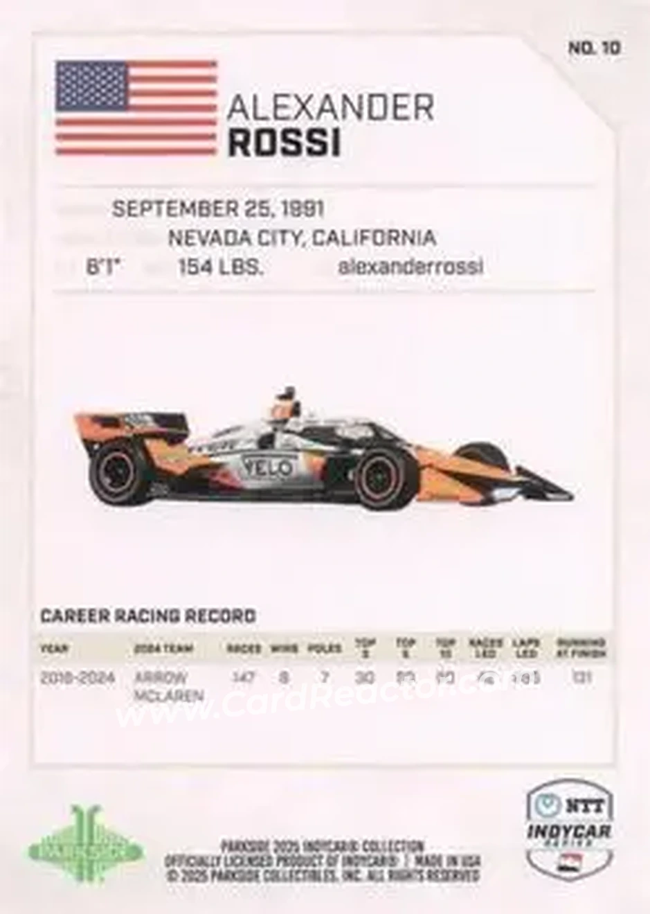 2025 Parkside IndyCar Collection #10a - Alexander Rossi - Arrow McLaren - Back