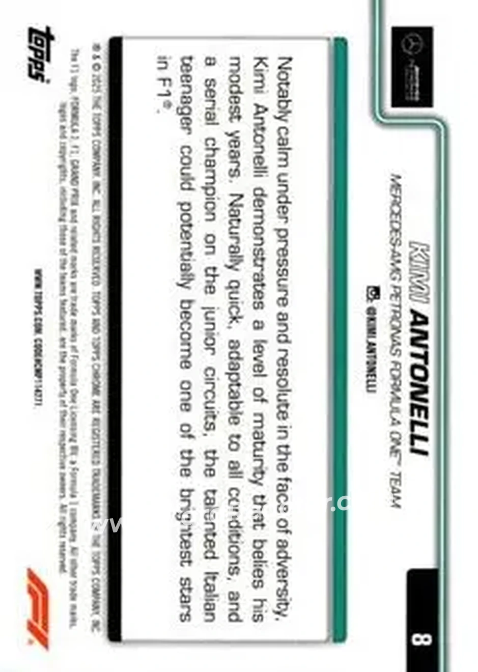 2025 Topps Chrome Formula 1 #8 - Kimi Antonelli - Mercedes-AMG Petronas Formula One Team - Back