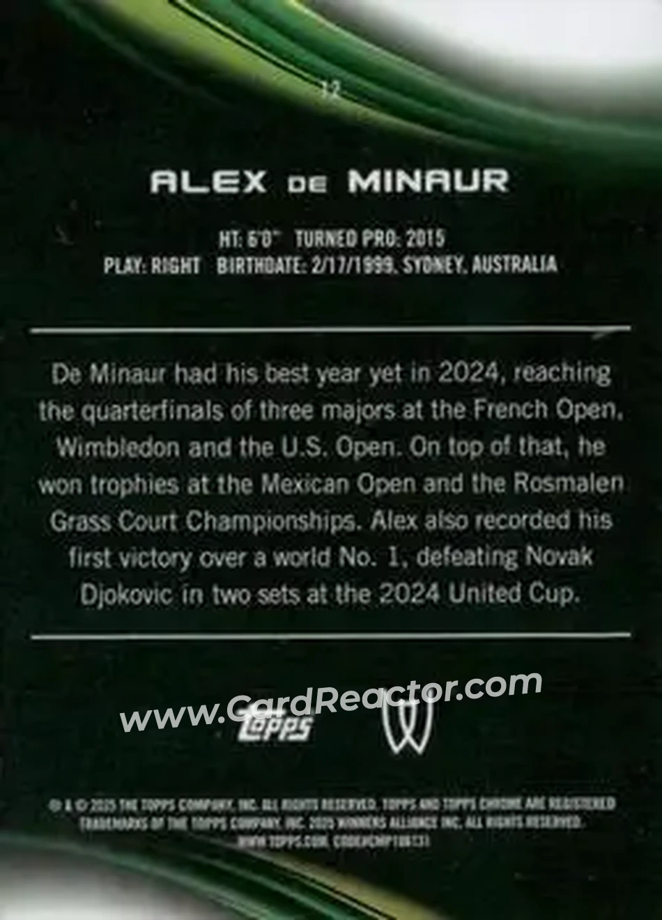 2025 Topps Chrome #12 - Alex de Minaur - Back