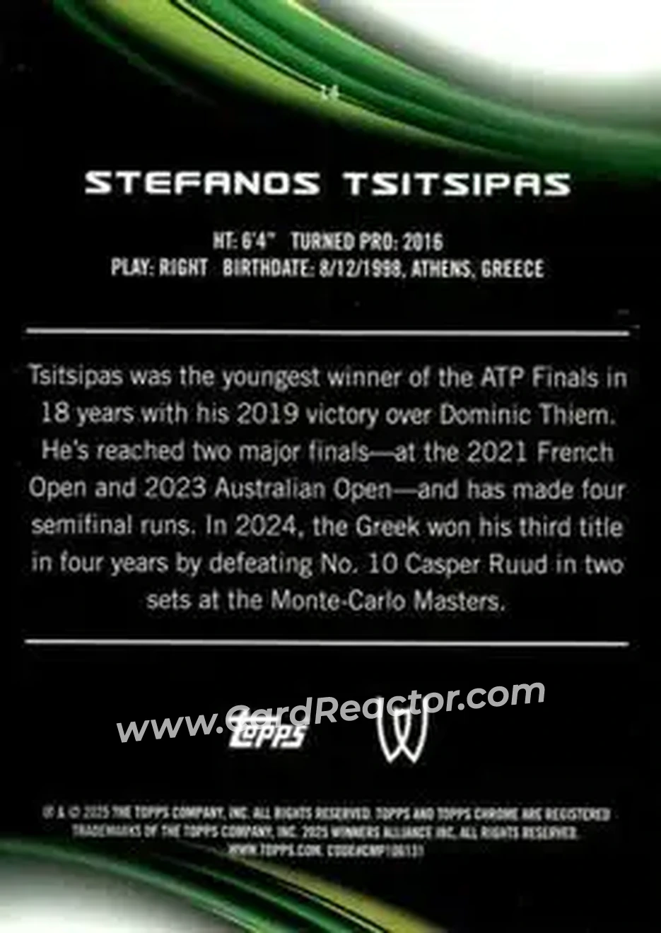 2025 Topps Chrome #14 - Stefanos Tsitsipas - Back