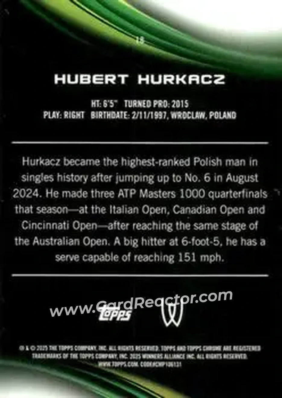 2025 Topps Chrome #18 - Hubert Hurkacz - Back