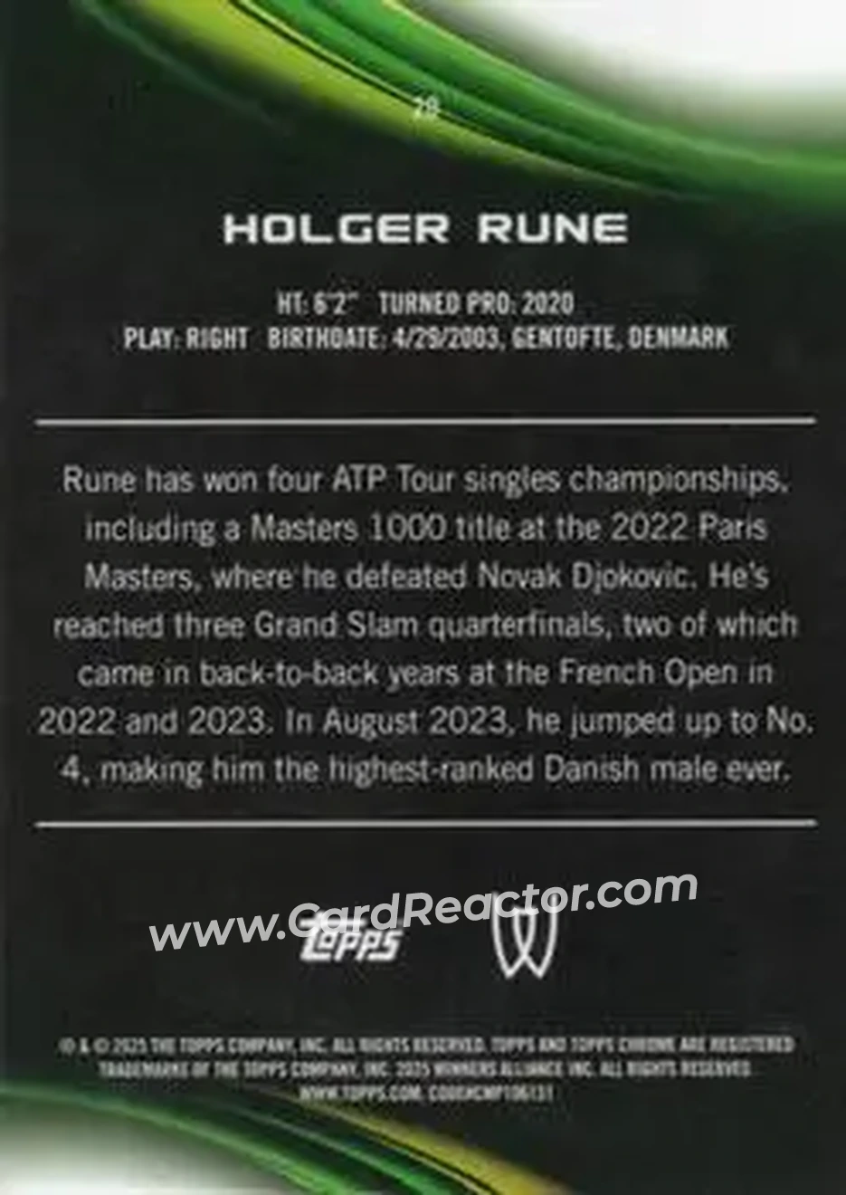 2025 Topps Chrome #20 - Holger Rune - Back