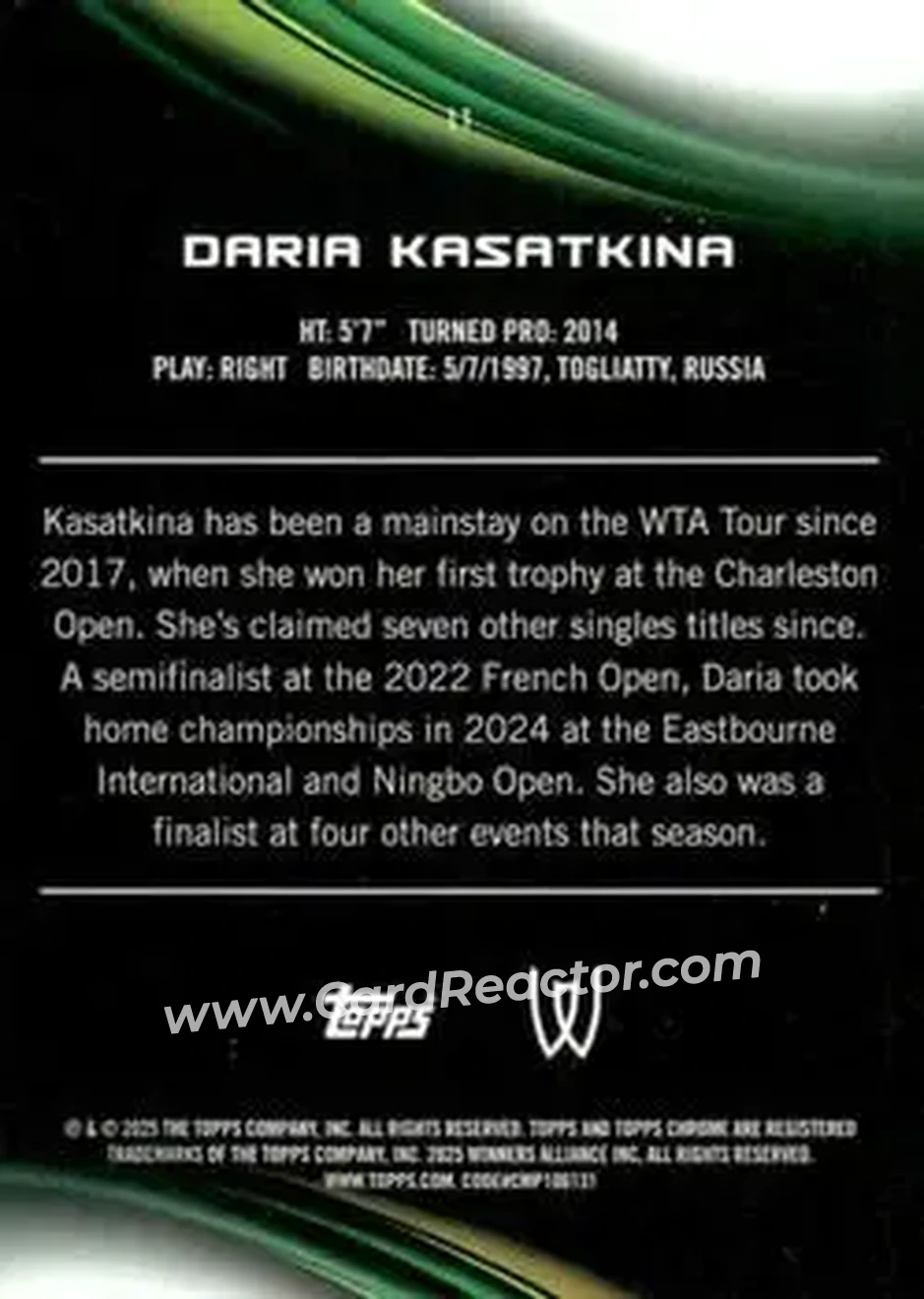 2025 Topps Chrome Sapphire Edition #11 - Daria Kasatkina - Back