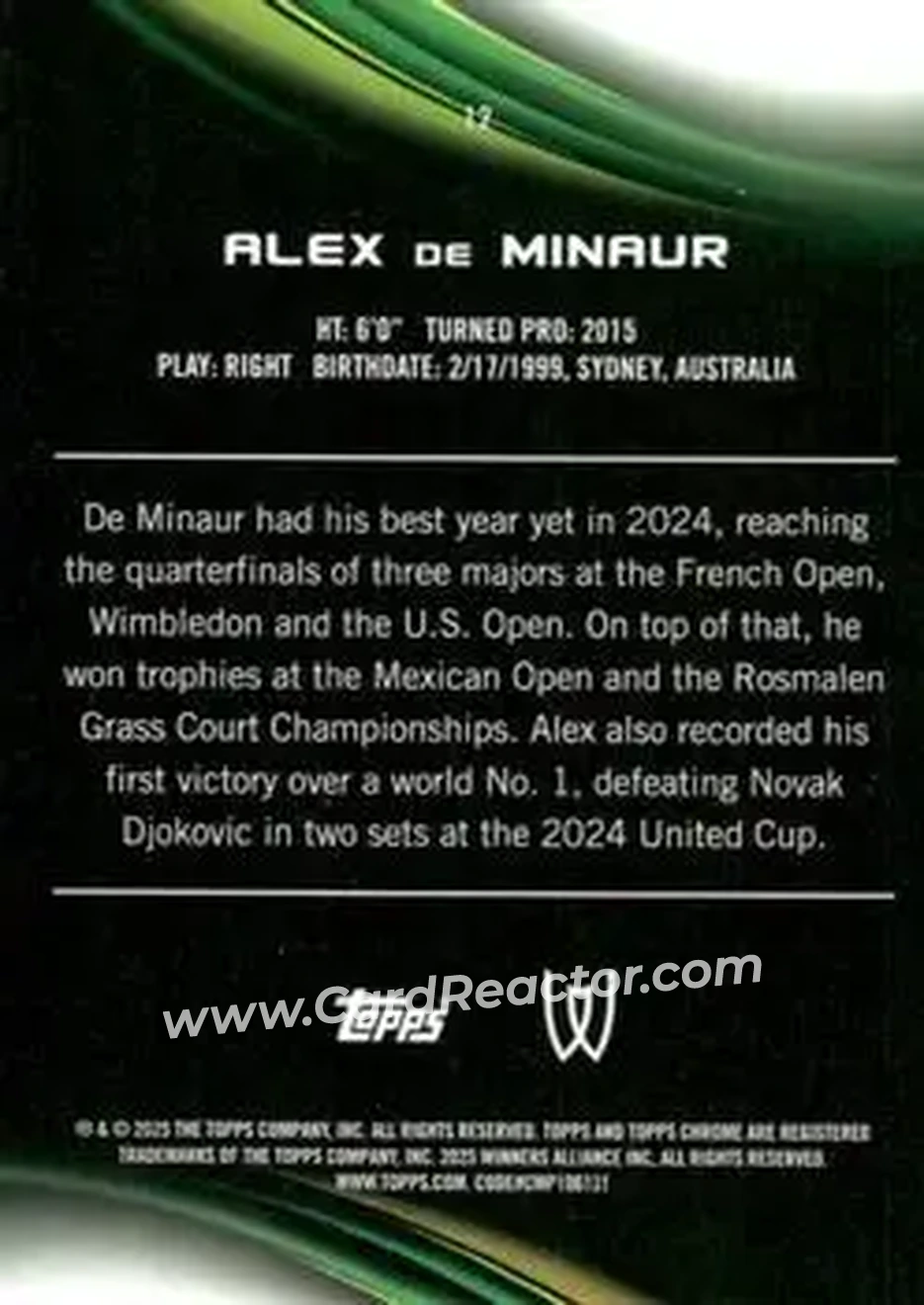2025 Topps Chrome Sapphire Edition #12 - Alex de Minaur - Back