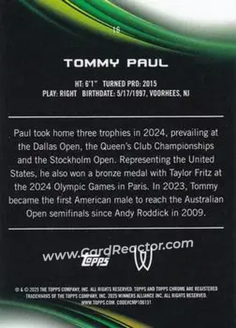 2025 Topps Chrome Sapphire Edition #16 - Tommy Paul - Back