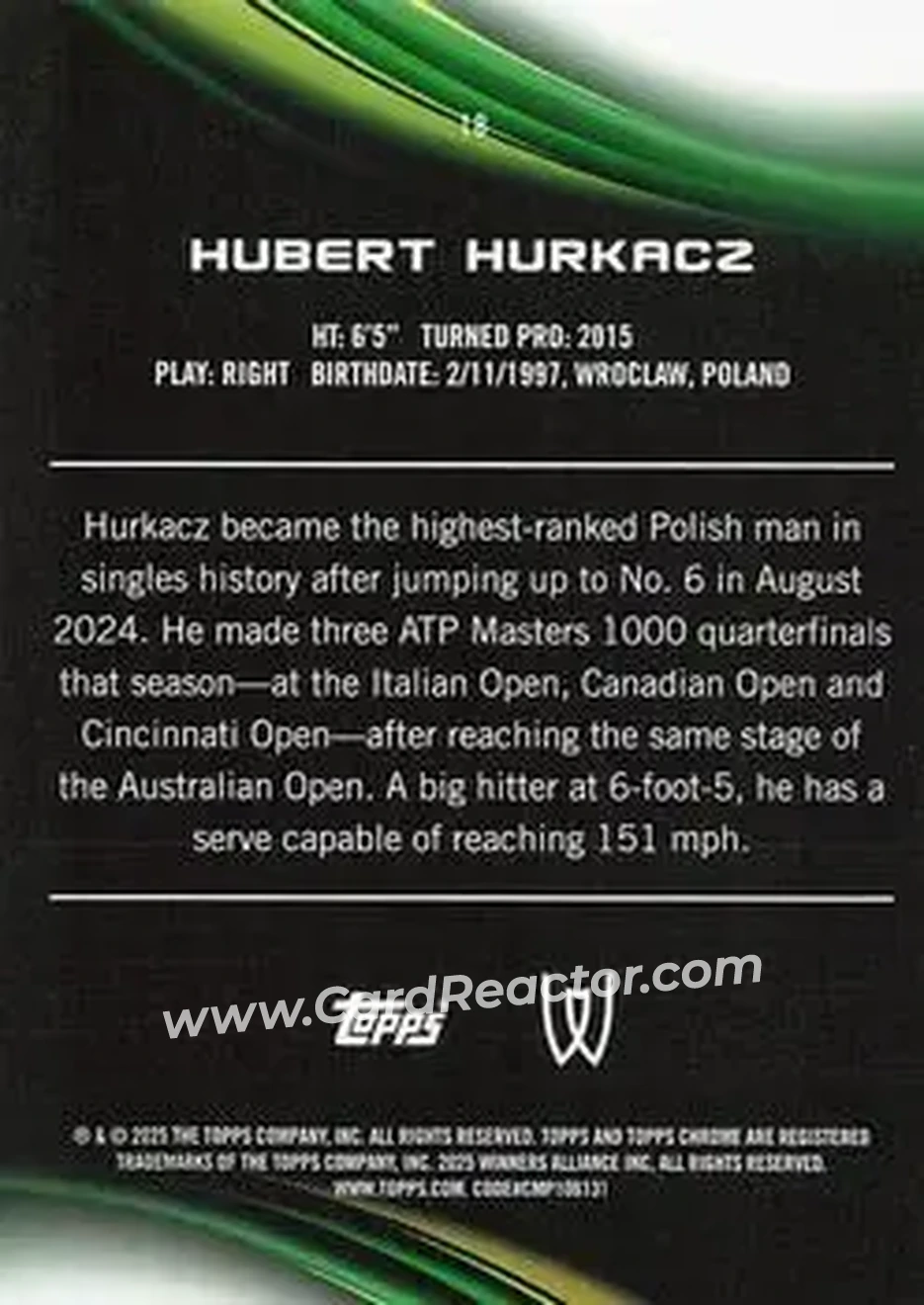 2025 Topps Chrome Sapphire Edition #18 - Hubert Hurkacz - Back