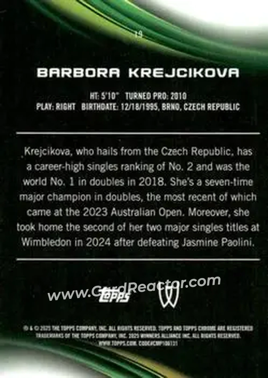 2025 Topps Chrome Sapphire Edition #19 - Barbora Krejcikova - Back