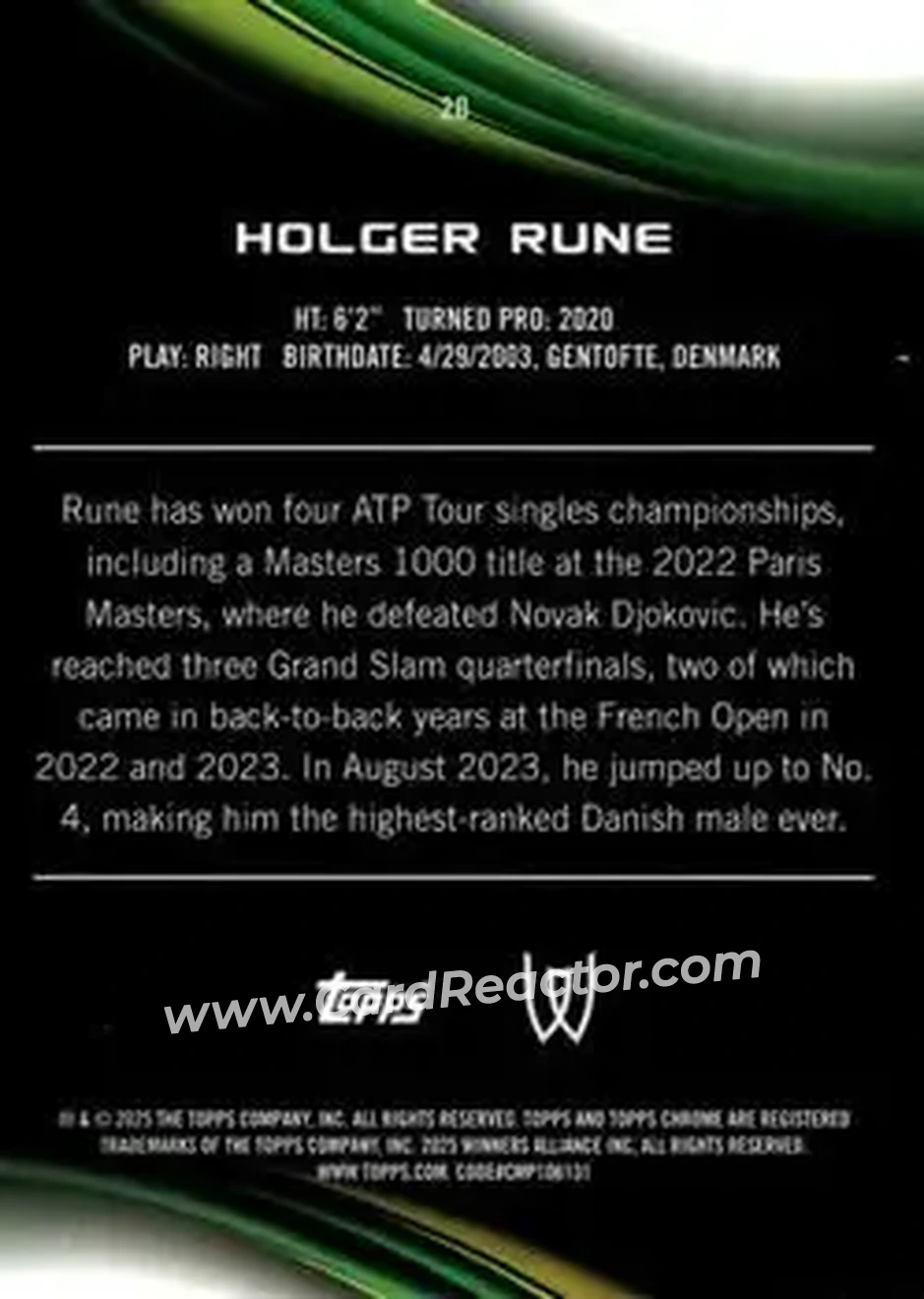 2025 Topps Chrome Sapphire Edition #20 - Holger Rune - Back