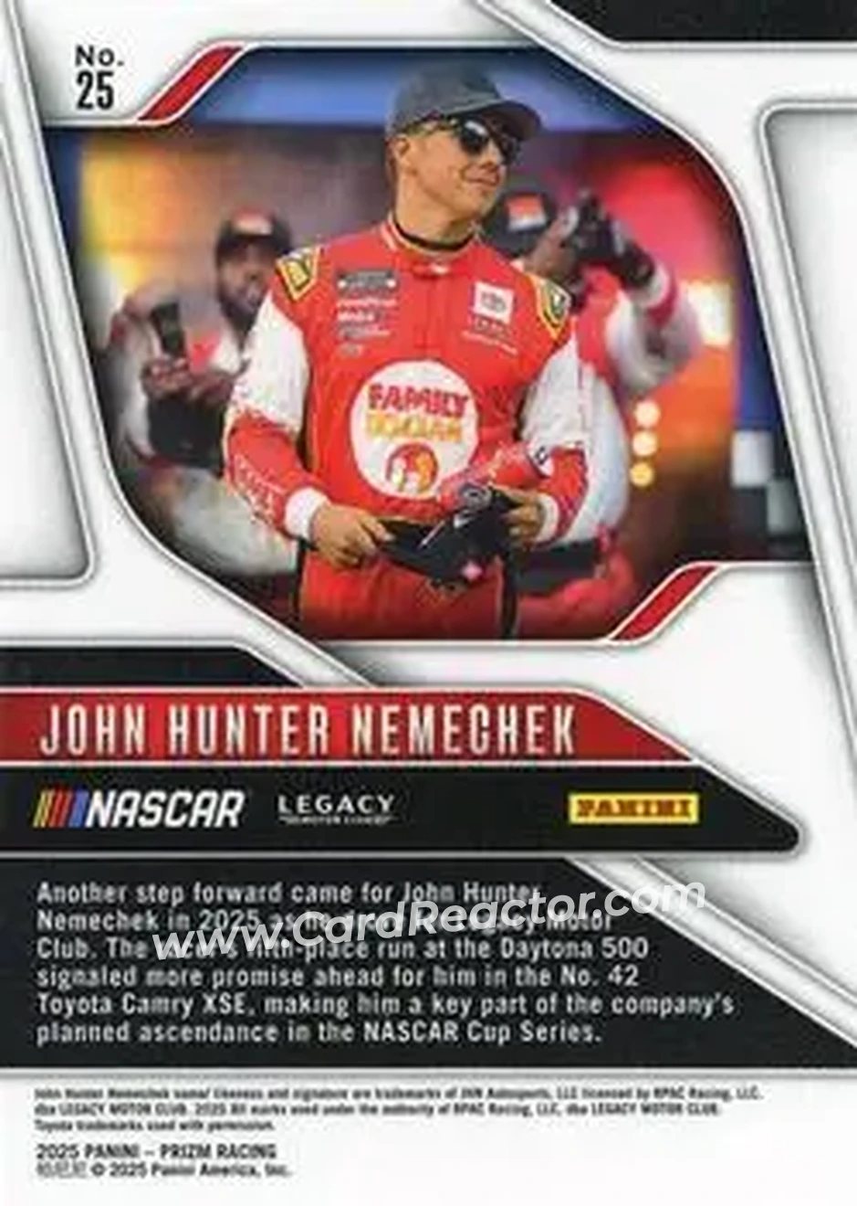 2025 Panini Prizm #25 - John Hunter Nemechek - Legacy Motor Club - Back