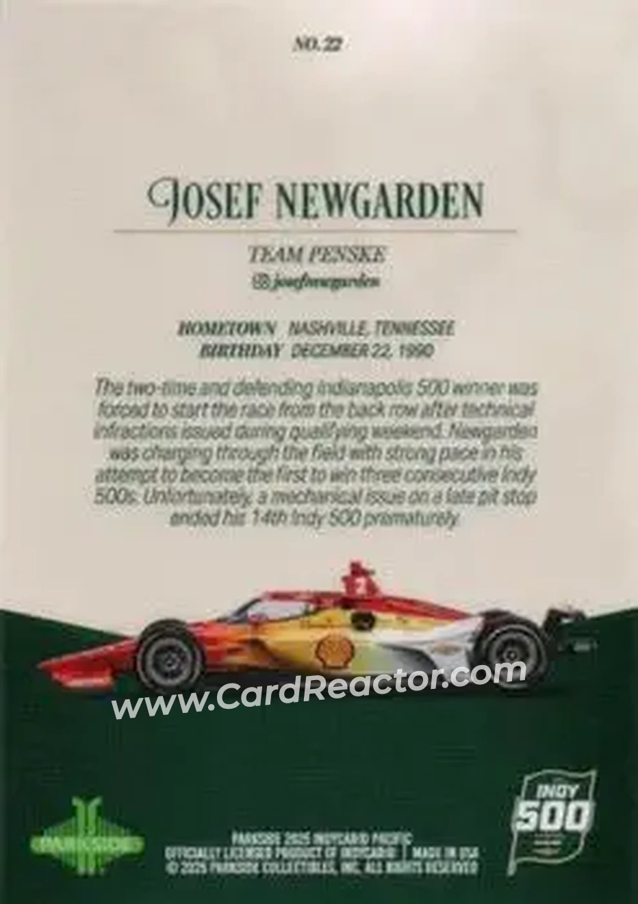 2025 Parkside Indy 500 Pacific #22 - Josef Newgarden - Team Penske - Back