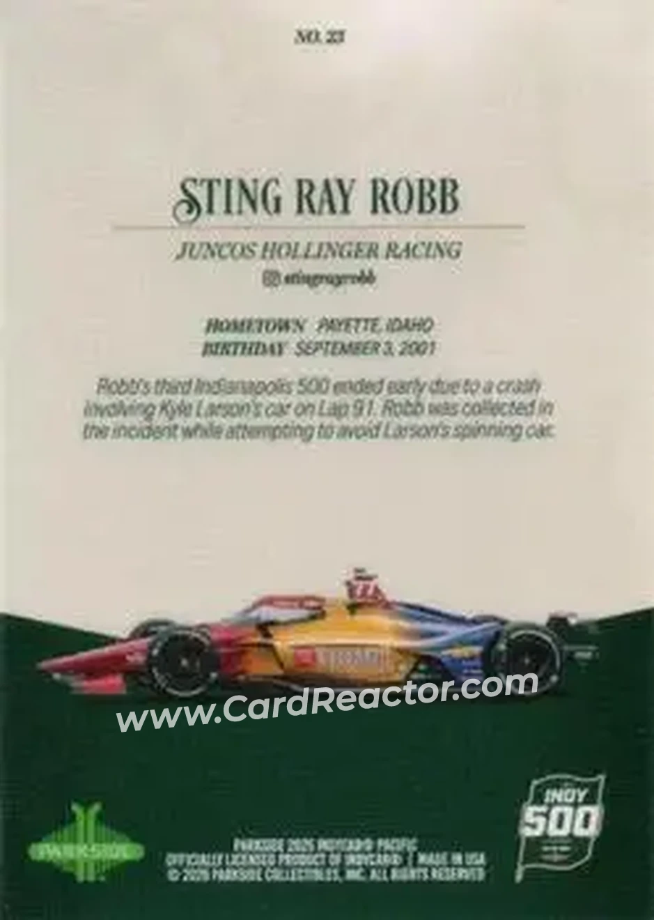2025 Parkside Indy 500 Pacific #23 - Sting Ray Robb - Juncos Hollinger Racing - Back