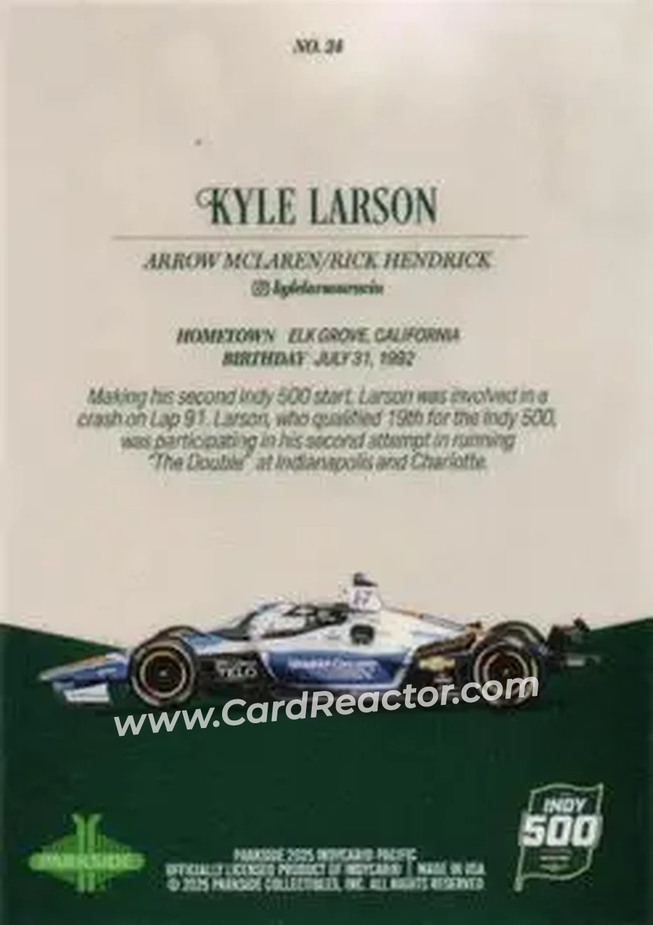 2025 Parkside Indy 500 Pacific #24 - Kyle Larson - Back