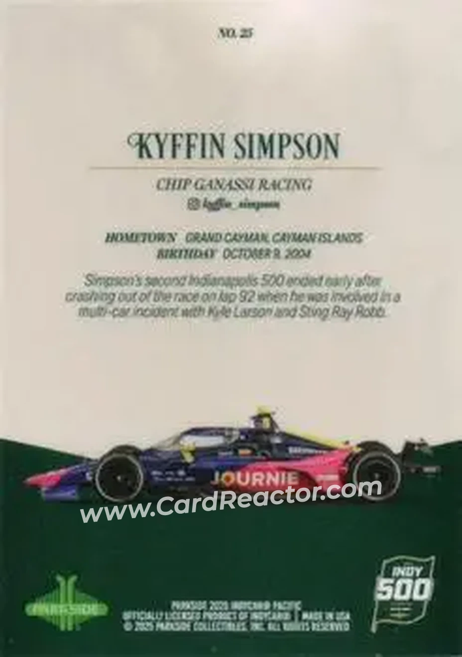 2025 Parkside Indy 500 Pacific #25 - Kyffin Simpson - Chip Ganassi Racing - Back