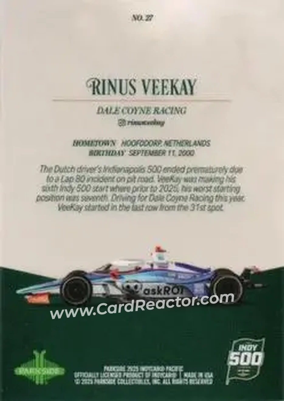 2025 Parkside Indy 500 Pacific #27 - Rinus Veekay - Dale Coyne Racing - Back