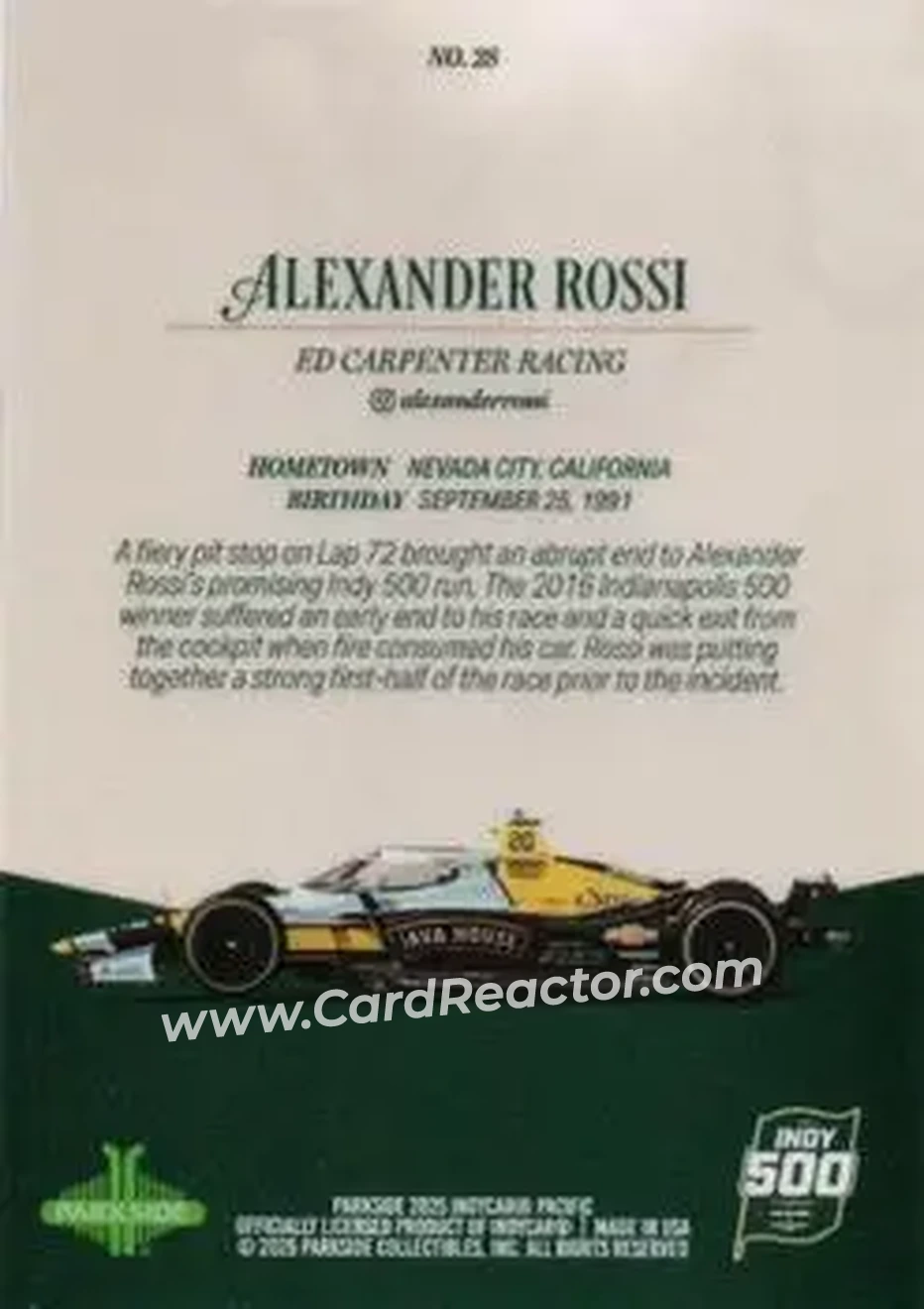 2025 Parkside Indy 500 Pacific #28 - Alexander Rossi - Ed Carpenter Racing - Back