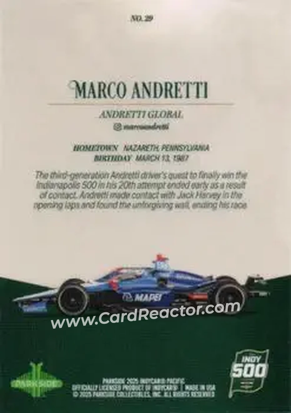 2025 Parkside Indy 500 Pacific #29 - Marco Andretti - Andretti Global - Back