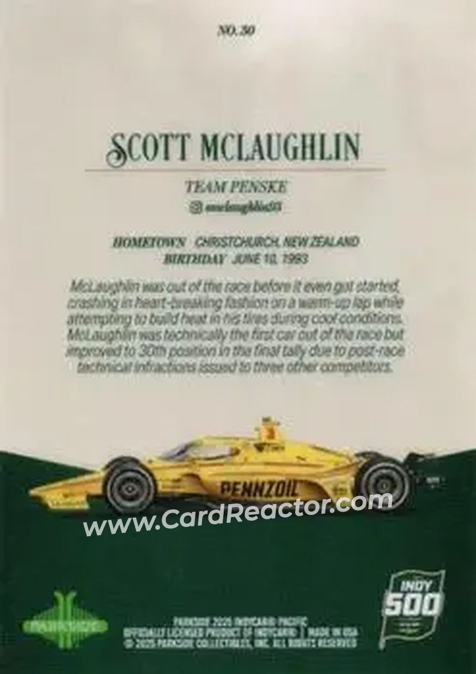 2025 Parkside Indy 500 Pacific #30 - Scott McLaughlin - Team Penske - Back