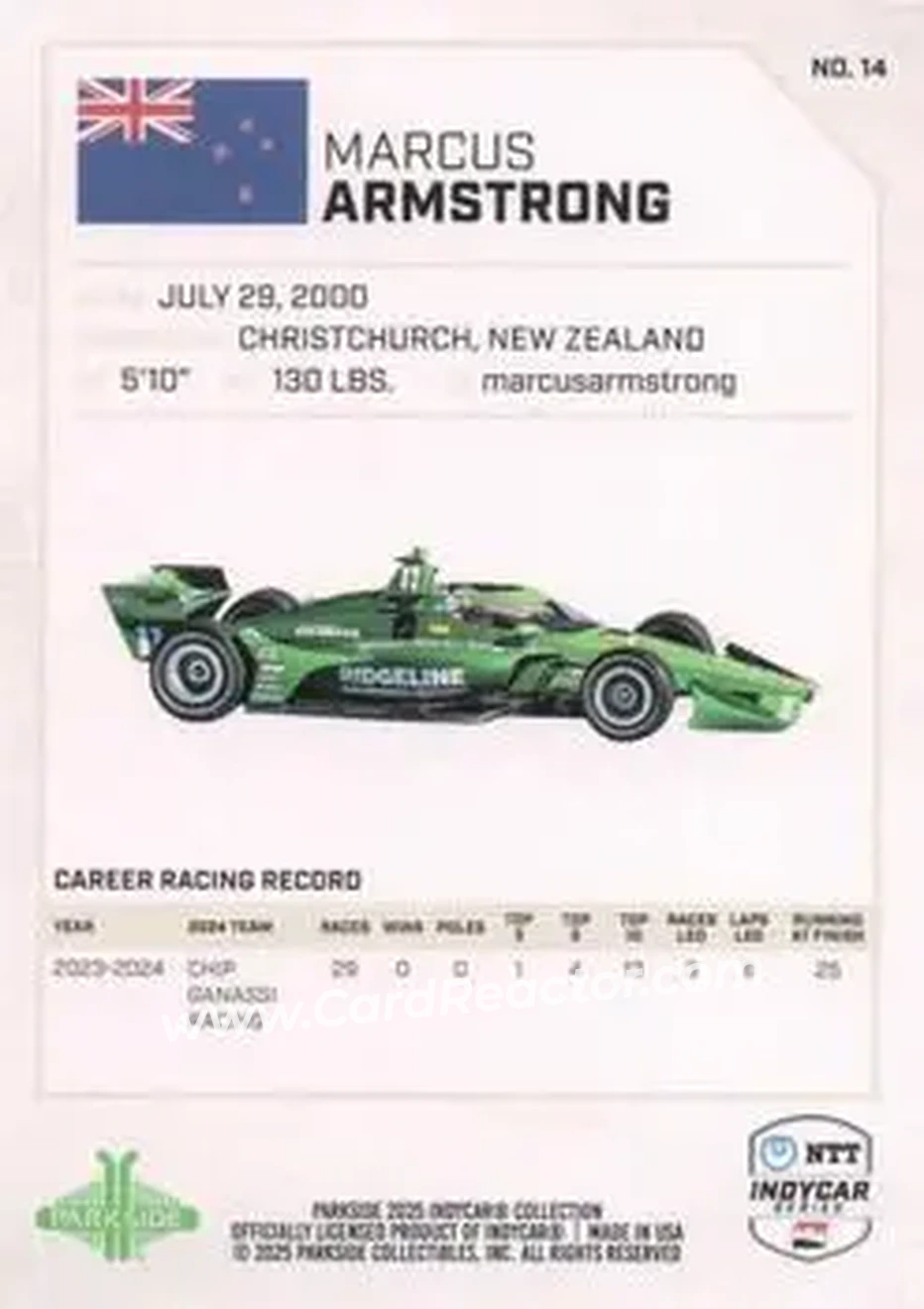 2025 Parkside IndyCar Collection #14a - Marcus Armstrong - Chip Ganassi Racing - Back 2025 Parkside IndyCar Collection #14a - Marcus Armstrong - Chip Ganassi Racing - Back
