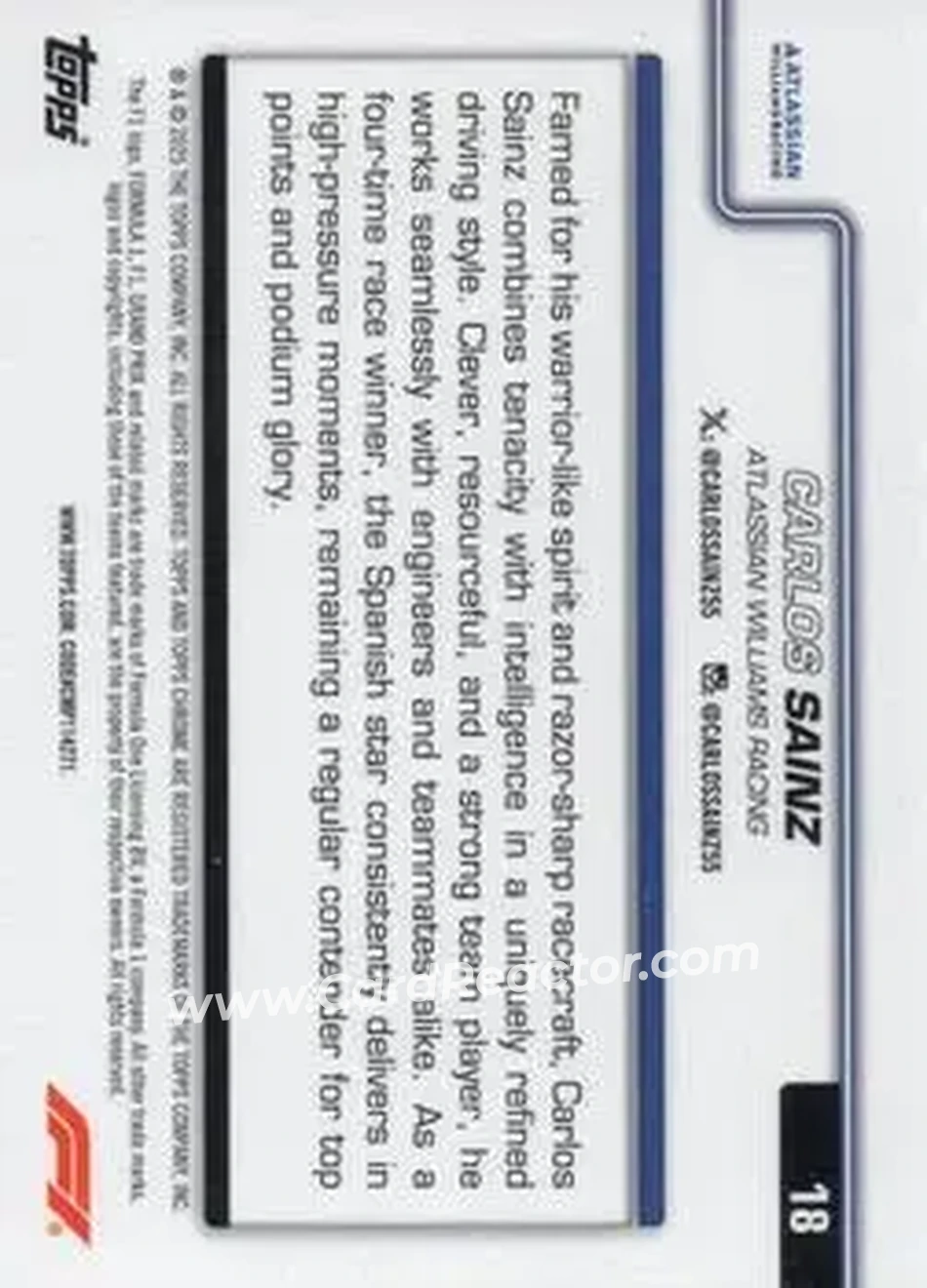 2025 Topps Chrome Formula 1 #18 - Carlos Sainz - Atlassian Williams Racing - Back