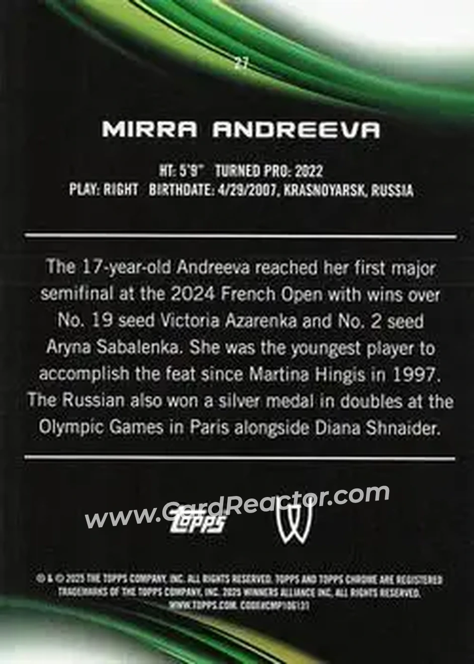 2025 Topps Chrome #27 - Mirra Andreeva - Back