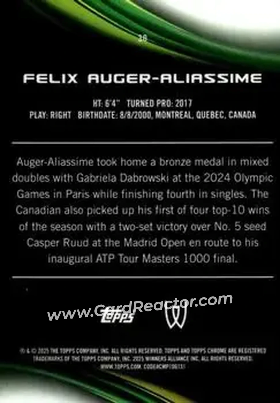 2025 Topps Chrome #30 - Felix Auger-Aliassime - Back
