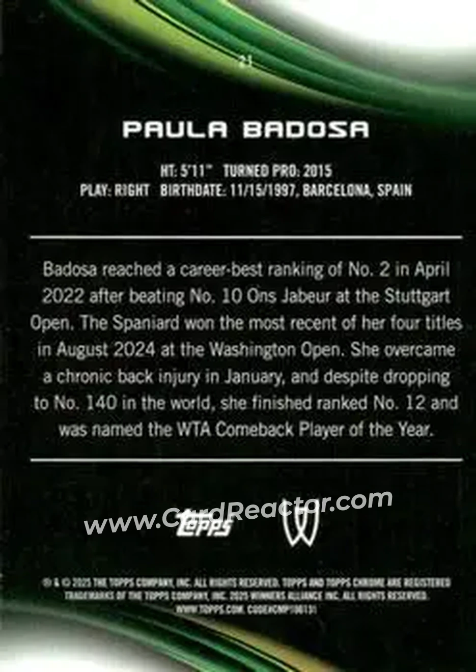 2025 Topps Chrome Sapphire Edition #21 - Paula Badosa - Back