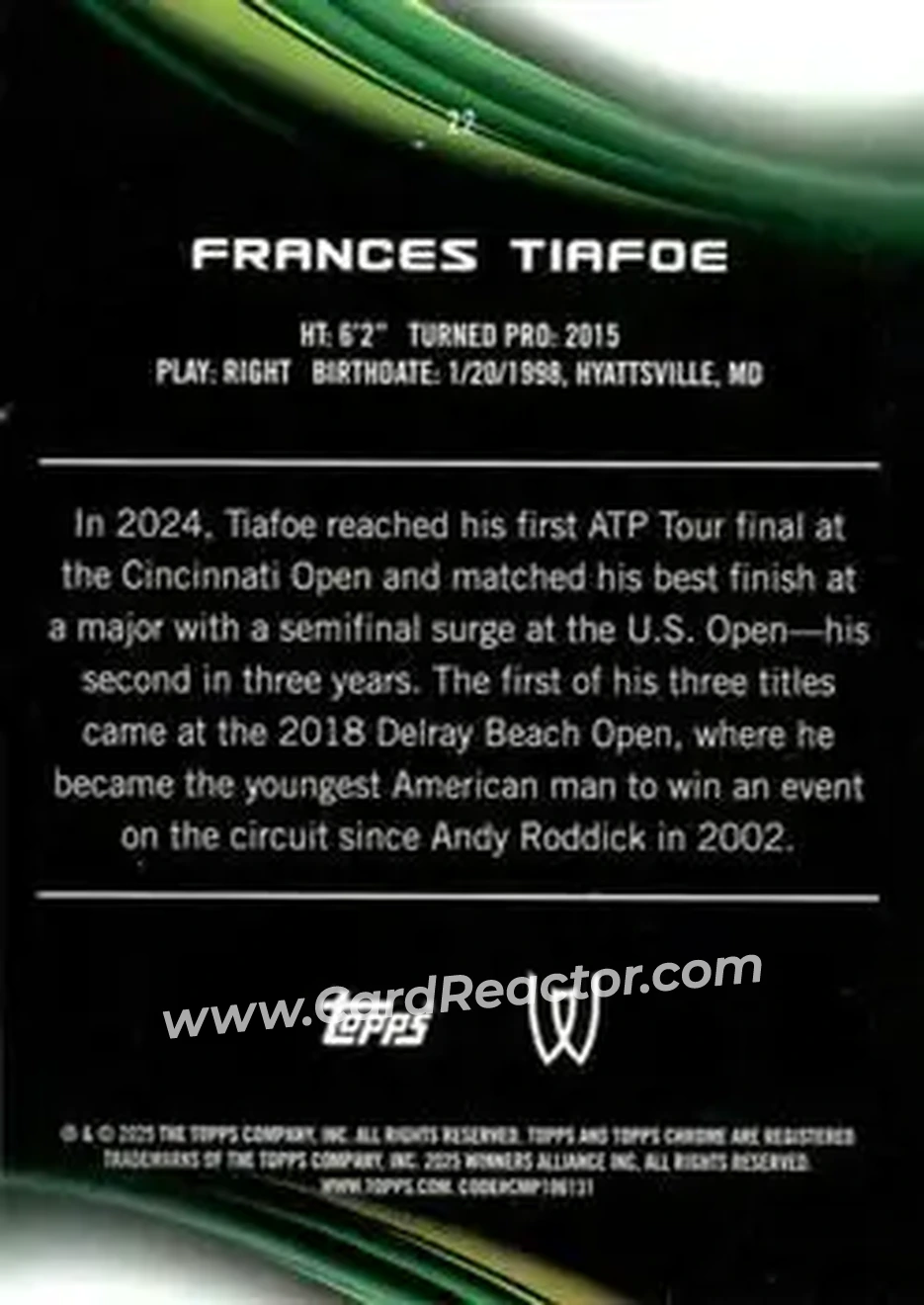 2025 Topps Chrome Sapphire Edition #22 - Frances Tiafoe - Back
