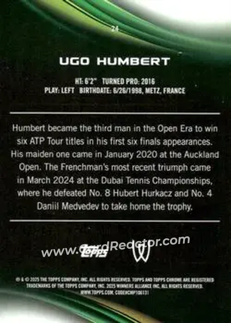 2025 Topps Chrome Sapphire Edition #24 - Ugo Humbert - Back
