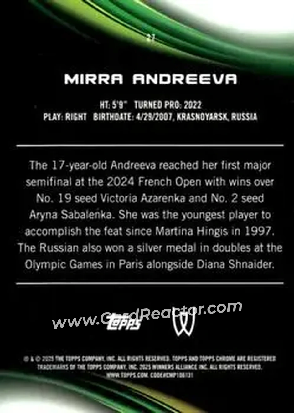 2025 Topps Chrome Sapphire Edition #27 - Mirra Andreeva - Back