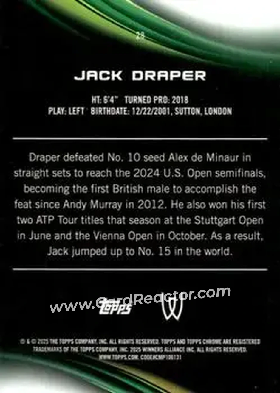 2025 Topps Chrome Sapphire Edition #28 - Jack Draper - Back