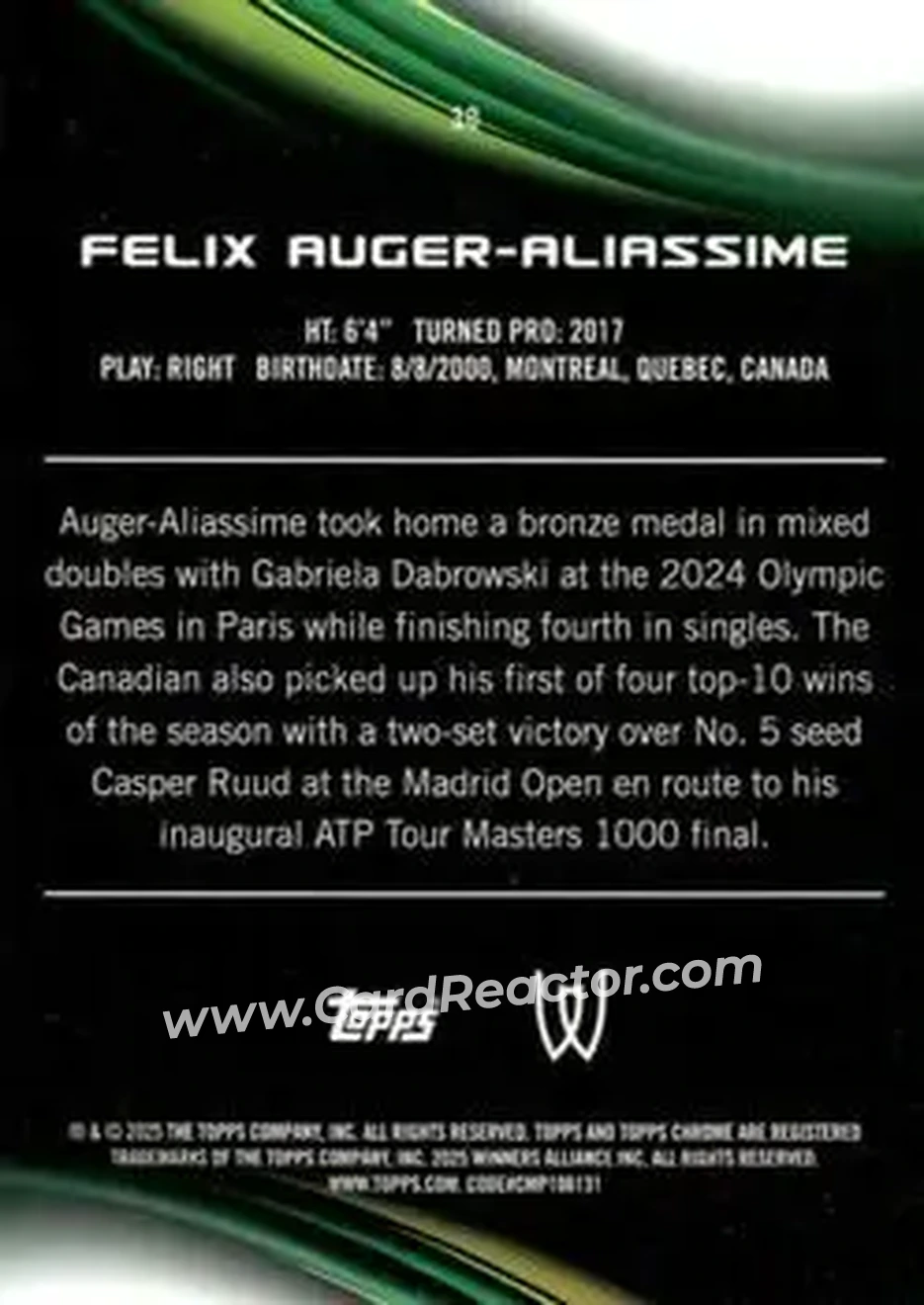 2025 Topps Chrome Sapphire Edition #30 - Felix Auger-Aliassime - Back